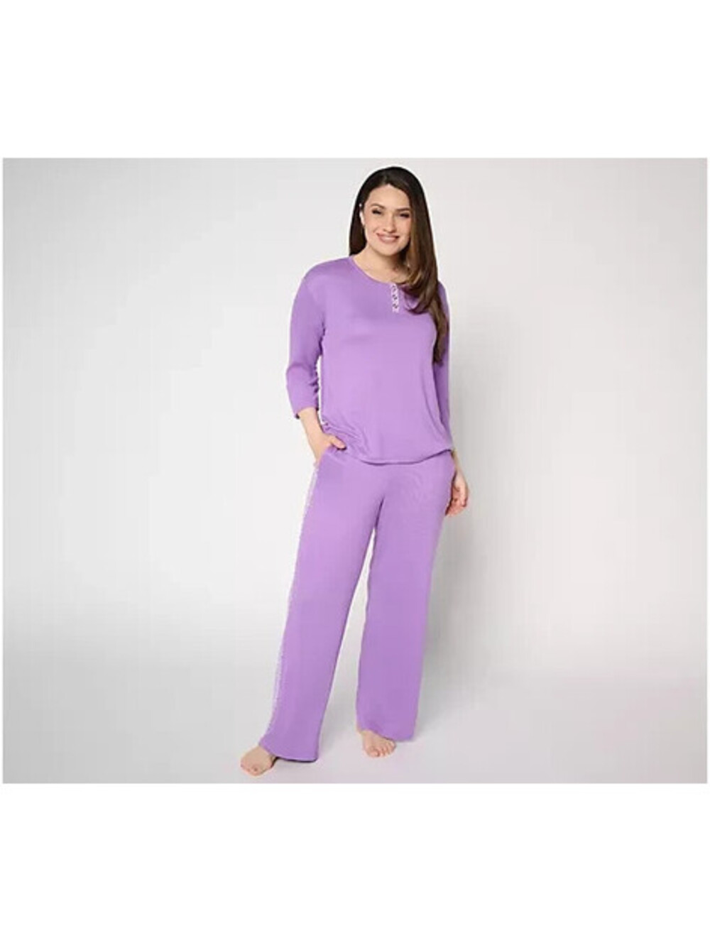 MUK LUKS 3/4 Sleeve Henley with Contrast Panel Pant Purple, Size 2X
